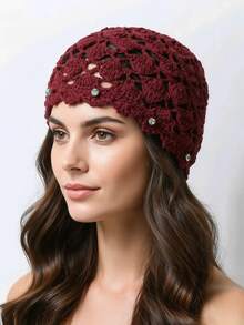 手工镂空针织帽，波西米亚风格，透气轻便，女士款 - 多色 - 查看 8