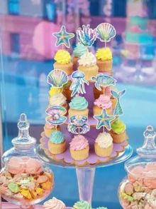 32pcs Mermaid Theme Birthday Party Decorations, Cupcake Toppers, Reusable Mermaid Tail Happy Birthday Cake Decorations, Baking Decor, Party Supplies - Multicolor - View 7