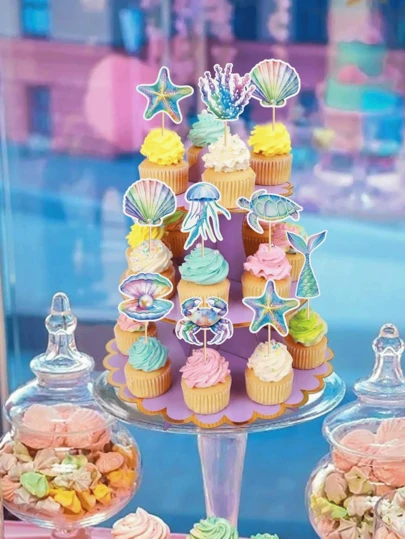 32/16件套美人鱼主题纸杯蛋糕装饰，包括海藻、贝壳、海龟、海星和鱼尾，适合海底主题派对和生日派对。
