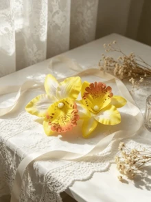 2个黄色扎染杜鹃花和兰花发夹，海滩度假风，中国风花卉设计，扎染，刘海和耳侧发夹，婚礼DIY装饰，节日，派对 - 黃色 - 查看 10