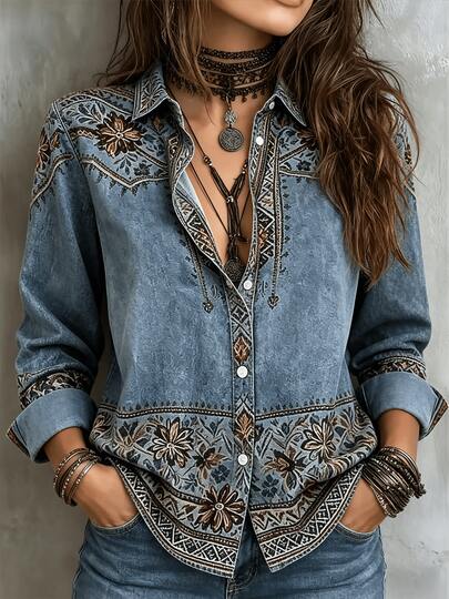 Top Denim Feminina Boêmia com Bordado Floral, Top de Manga Longa com Lapela, Adequado para Uso no Outono, Top de Tecido Tecido Longo, Detalhes Únicos