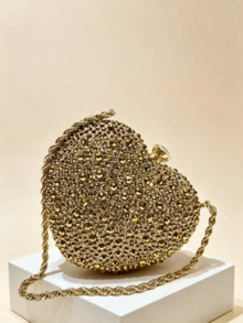 Gold Crystal Heart-Shaped Clutch Bag, Luxury Hard Case Handbag With Detachable Gold Chain, Wedding Bridal Purse - Gold - View 2