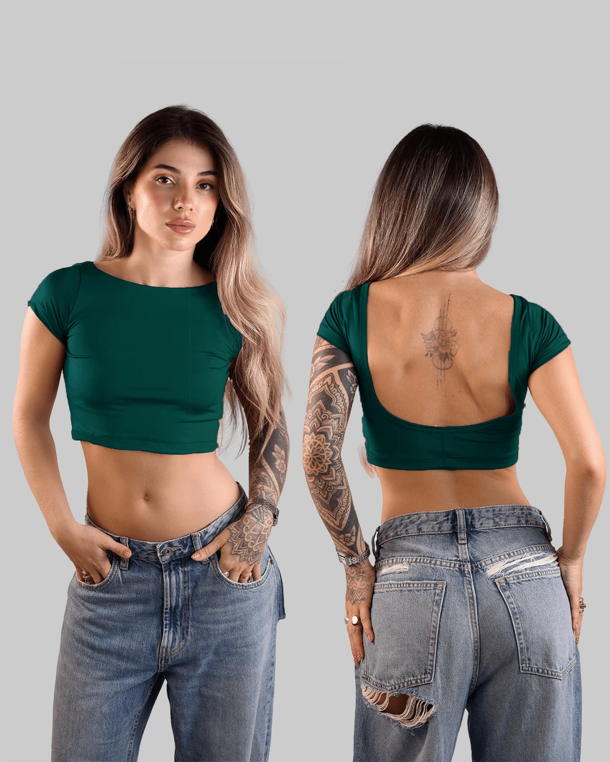 Cropped Top With Open Back, Short, Fitted Blouse, Basic Minimalist Style, Casual Baby Tee, Copa Brasil Aitona. - 墨綠色 - 查看 1