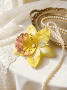 2个黄色扎染杜鹃花和兰花发夹，海滩度假风，中国风花卉设计，扎染，刘海和耳侧发夹，婚礼DIY装饰，节日，派对 - 黃色 - 查看 7