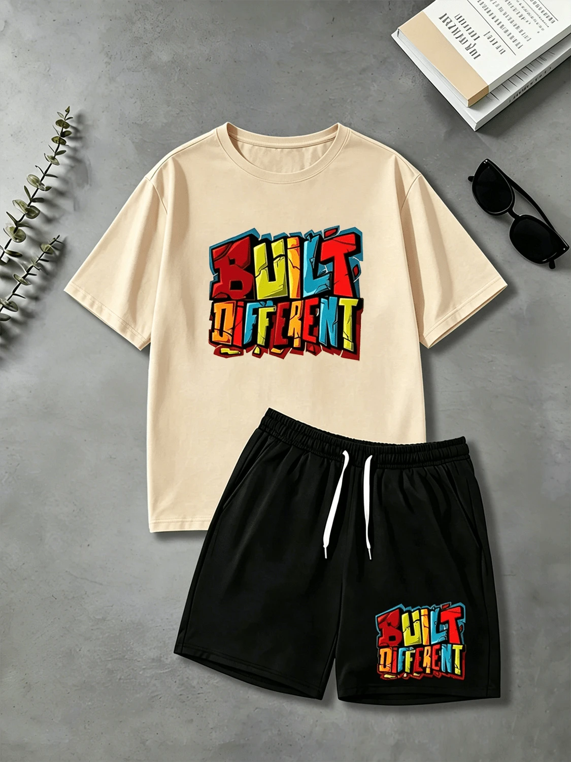 2026 Summer New Fashion Casual Sports Suit - Men's Personalized Running Short-Sleeve Shorts Two-Piece Set - 杏色 - 查看 1