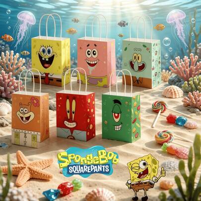 SpongeBob SquarePants 12个海绵宝宝牛皮纸礼品袋，尺寸多样，大容量，可随机用于礼品、商品、商务、购物、零售、生日收纳、情人节礼物袋、全年装饰等场合，印有海绵宝宝、派大星、章鱼哥、珊迪、痞老板、蟹老板等经典角色。是背包季送给朋友的完美礼物。