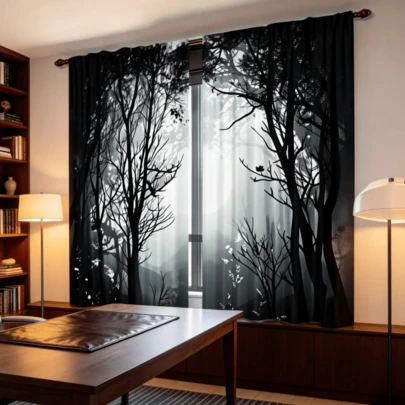 2 Pcs Set, Classic Gothic Forest Pattern Blackout Curtains, Abstract Mysterious Jungle, Dark Trees And Shimmering Moon, Polyester Material, Machine Washable, Suitable For Living Room, Bedroom, Glass Door Home Decor (Rods Not Included)