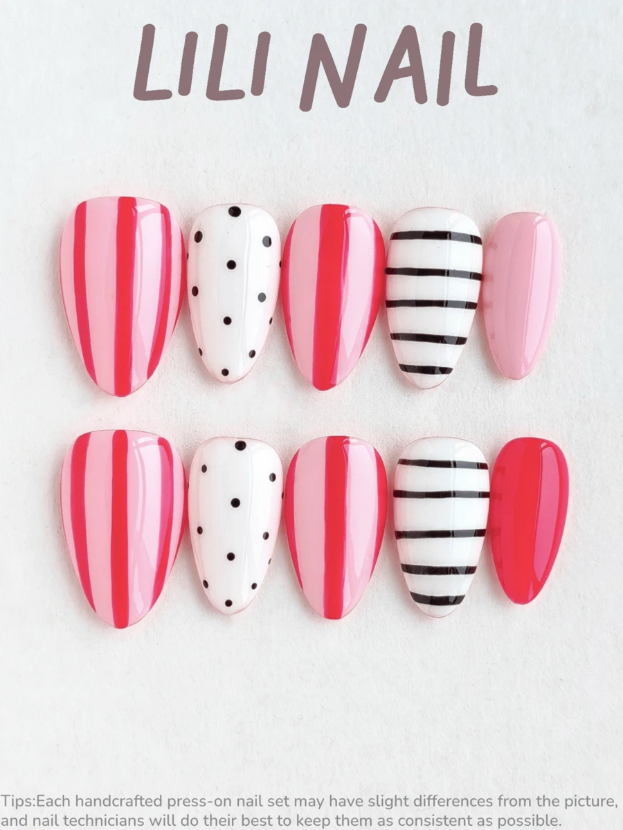 10pcs Handmade Press On Nails Short, Almond Nails, Cute Nails Y2k INS Style, Summer Nails, Pink Nails, Red Nails, White Nails, Polka Dot Nails, Striped Pattern, Solid Color Fake Nails, For Women & Girls Daily Commute, Party & Office Wear, Reusable Nail Set With Nail Tools, Nail Supplies