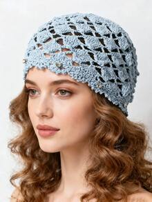 手工镂空针织帽，波西米亚风格，透气轻便，女士款 - 多色 - 查看 7