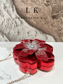 1 pieza Bolso de mano de mujer de lujo con strass plateados, bolso de embrague de acrílico exquisito para cosméticos, bolso de mujer con forma de flor elegante para la noche, perfecto para fiestas, bodas, bailes de graduación, cenas/banquetes - Rojo - Ver 5