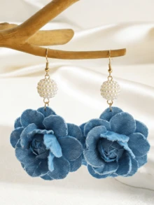 1 Pair Women's Denim Effect Floral & Faux Pearl Earrings - Blue - View 3