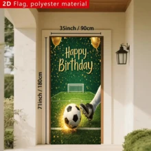 2D平面足球主題生日慶祝背景布,呈現綠色足球場場景,包含金色「Happy Birthday」字樣、金色氣球、足球、運動鞋、球門柱與金色閃爍裝飾,無需電源 - A - 查看 3