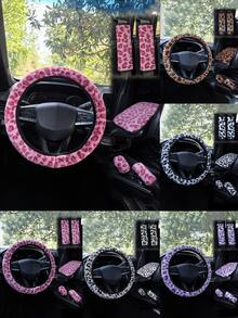 Car Interior Accessories Set Includes Leopard Print Steering Wheel Cover, Seat Belt Shoulder Pads, Gear Shift Knob Cover, Handbrake Cover, Armrest Pad And Other Non-Slip Durable Decorations, Suitable For All Seasons - Leopard - View 2