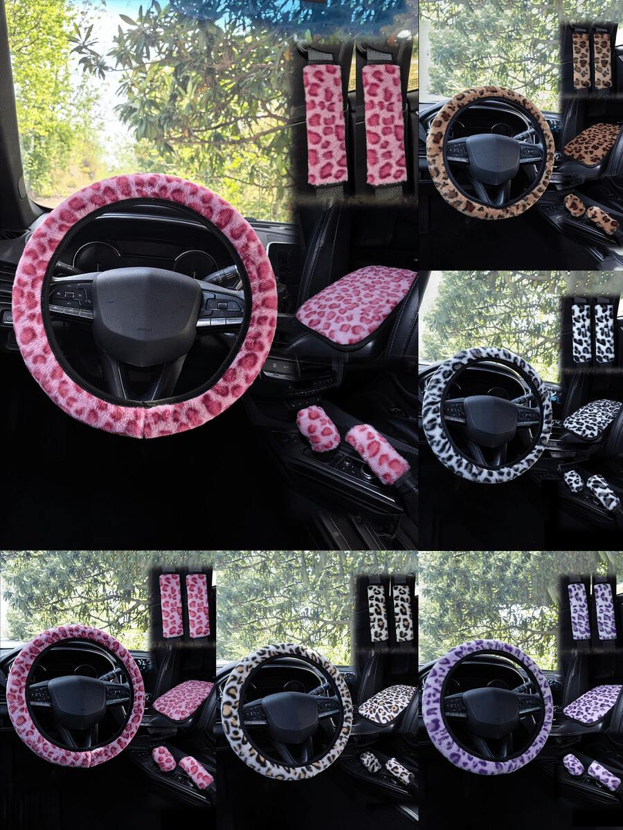 Car Interior Accessories Set Includes Leopard Print Steering Wheel Cover, Seat Belt Shoulder Pads, Gear Shift Knob Cover, Handbrake Cover, Armrest Pad And Other Non-Slip Durable Decorations, Suitable For All Seasons