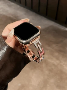 Brazalete único con letra H de esmalte y diamante compatible con Apple Watch Ultra/SE 2/SE 1/Series 11/10/9/8/7/6/5/4/3/2/1, 38/40/41/42/44/45/46/49mm - Rosa rosa - Ver 3