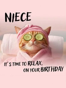 1张趣味侄女生日贺卡，猫咪水疗主题，“生日放松一下”，内页空白，附信封 - 查看 4