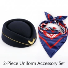 2Pcs Flight Attendant Uniform Set, Classic Stewardess Hat & Geometric Print Scarf For Cosplay & Costume Parties - Multicolor - View 2