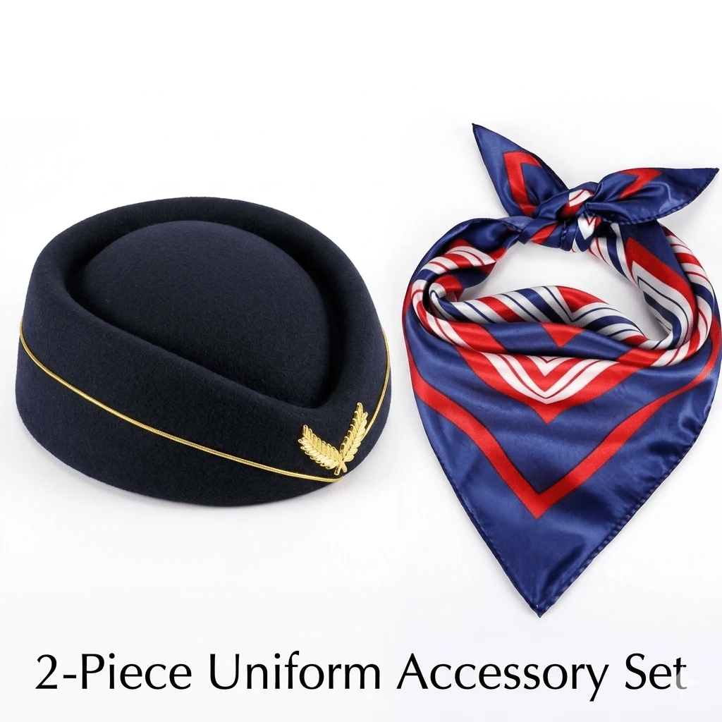 2Pcs Flight Attendant Uniform Set, Classic Stewardess Hat & Geometric Print Scarf For Cosplay & Costume Parties