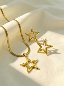 Conjunto de pendientes y collar con estrella, conjunto de joyería minimalista de mujer con colgante de estrella, accesorios de joyería con collar y pendientes de estrella de moda, regalo para fiesta de vacaciones - Multicolor - Ver 2