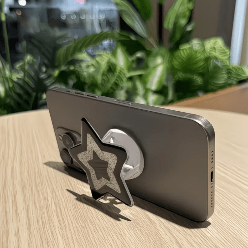 1pc INS Style Star-Shaped Multifunctional Phone Grip Stand - ABS Material, Self-Adhesive Expandable Holder, Versatile Desktop Stand, Shiny & Fashionable, Optimizes Desk Space & Comfortable Viewing (Black) - Black - View 1