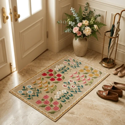 1pc Modern Elegant Floral Rug/Carpet/Bath Mat/Door Mat, Suitable For Bathroom, Kitchen, Entryway, Hallway, Bedside, Living Room, Bedroom, Machine Washable Soft Decorative Mat, All Seasons