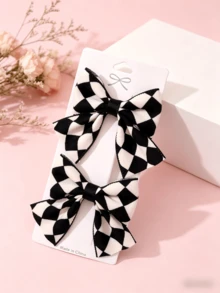2个菱形格纹蝴蝶结发夹，甜美酷炫风格，学生发饰，拍照道具 - 紅白色 - 查看 4