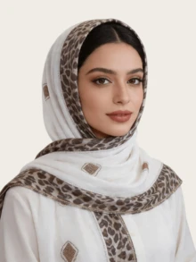 1pc Women's Chiffon Fashionable & Elegant Muslim Hijab Headscarf, Patchwork Printed Design With Rhinestone Craftsmanship, Middle Eastern Style Long Scarf - Leopard Print Patchwork Long Scarf In Multiple Colors - View 10