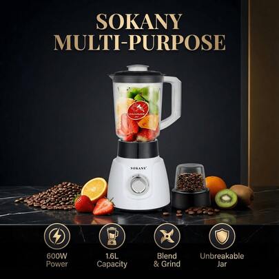  SOKANY 185 榨汁机，带研磨杯，多功能，500W 大功率，不锈钢刀片，快速榨汁、切碎、研磨咖啡，1.6L 大容量，2 档速度设置，易于清洁和存放，适合家庭使用。