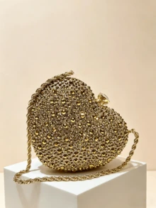 Gold Crystal Heart-Shaped Clutch Bag, Luxury Hard Case Handbag With Detachable Gold Chain, Wedding Bridal Purse - Gold - View 4