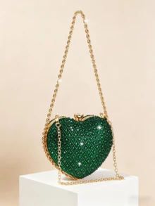 Shiny Dark Green Crystal Heart-Shaped Clutch, Elegant Hard Case Evening Bag, Formal Party & Ball Crossbody Bag - Dark Green - View 2