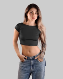 CROPPED OPEN BACK NECKLINE SHORT TIGHT BLOUSE BASIC MINIMALIST CASUAL BABY TEE AITONA - 深灰色 - 查看 2