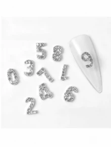 10个3D合金数字美甲装饰（0-9），闪亮银色水钻美甲贴纸，适合春夏，独特的DIY美甲宝石，适合女性和女孩的美甲用品 - 銀色 - 查看 3