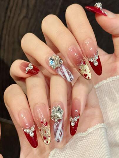 一套杏仁形猫眼渐变红色格子爱心闪亮钻石法式美甲贴片，可拆卸，适合女性日常、工作、约会，包含1个指甲锉和1瓶凝胶指甲油