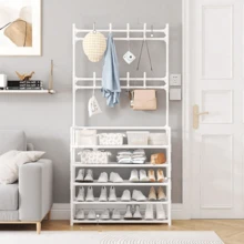 4-Tier/5-Tier Freestanding Metal Shoe Rack (Rack Material: Non-Woven Fabric), Can Be Used As Coat Rack, Multipurpose Outdoor Storage Rack, Independent Wardrobe Hooks, Multi-Layer Indoor Shoe Rack, Comes With 8 Dual Hook Stainless Steel Shoe & Hat Combination Hooks, 3-In-1 Space Saving Storage Rack - Multicolor - View 3