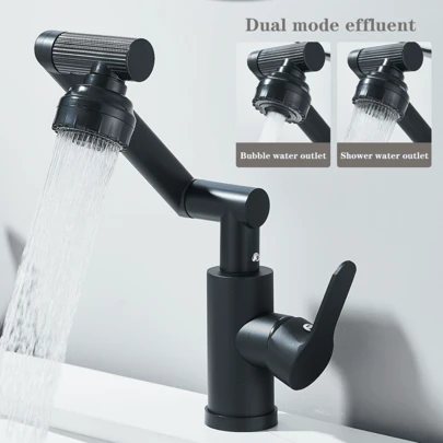 Grifo con brazo mecánico ajustable 360°: Diseño ajustable 360°, fabricado en ABS y acero inoxidable, con mecanismo a prueba de salpicaduras y cabezal adaptador multifuncional. Fácil instalación, con salidas de agua caliente y fría separadas, apto para fregaderos de cocina y baño.
