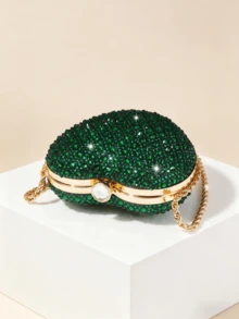 Shiny Dark Green Crystal Heart-Shaped Clutch, Elegant Hard Case Evening Bag, Formal Party & Ball Crossbody Bag - Dark Green - View 6