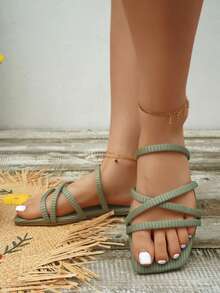 planare Giày sandal nữ thời trang thường ngày tối giản, kiểu dáng nghỉ dưỡng, kẻ sọc, mũi vuông, chất liệu da lộn, thoải mái, dễ xỏ. - màu xanh lá - Xem 7
