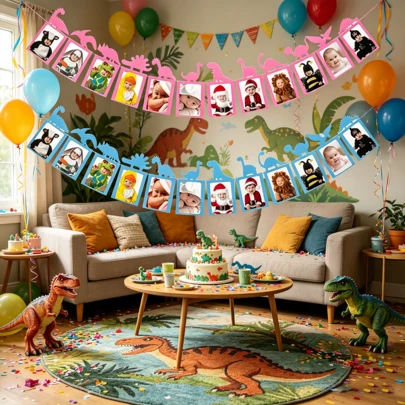 Bộ 1 banner chụp ảnh sinh nhật 1 tuổi chủ đề khủng long, chất liệu nỉ màu hồng và xanh dương, kèm khung ảnh, thích hợp cho sinh nhật 1 tuổi, tiệc phiêu lưu trong rừng và trang trí bàn tráng miệng.