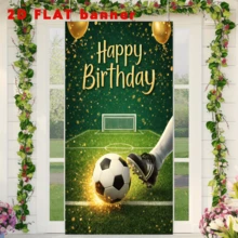 2D平面足球主題生日慶祝背景布,呈現綠色足球場場景,包含金色「Happy Birthday」字樣、金色氣球、足球、運動鞋、球門柱與金色閃爍裝飾,無需電源 - A - 查看 6