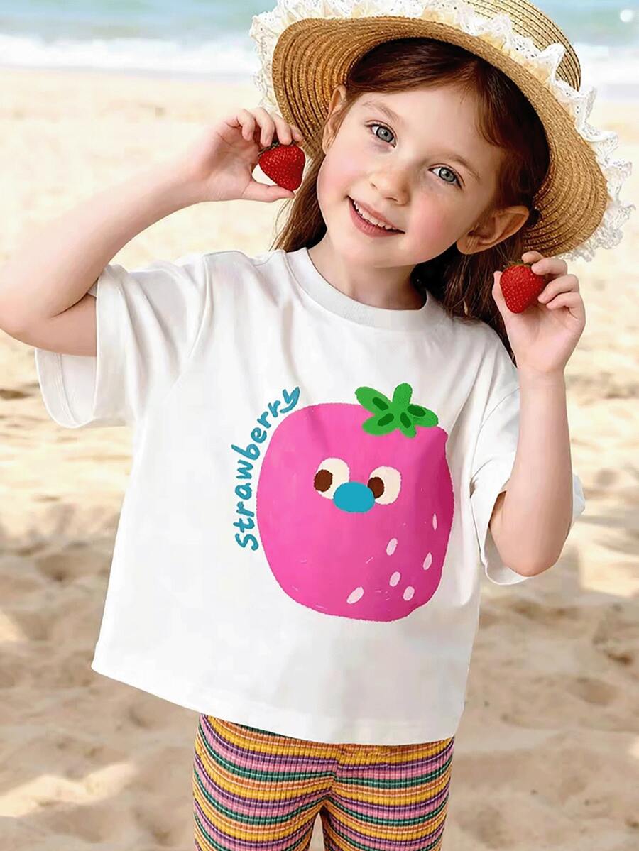 1件女童圆领短袖草莓印花T恤，可爱夏季日常穿着 - 白色 - 查看 1