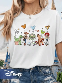 [Disney Official Authorization] Women's Casual Short Sleeve Round Neck Graphic Tee Top, Stylish Knitted Fabric T-Shirt With Print For Everyday Wear Disney Land Outfit Toy Story Characters And Mickey Balloon Print Short Sleeve T-Shirt, Cartoon Loose Fit Versatile Couple And Family Matching Round Neck Short Sleeve T-Shirt Top.The Sizing Runs Small; If You Prefer A Loose Fit, Please Choose One Size Up. - White - View 1