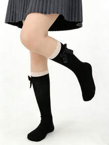 1/2 Pairs Spring New Arrival Sweet Versatile Lace Ruffle Bow Tie White Knee High Socks - Multicolor - View 8