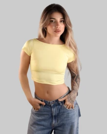 Cropped Top With Open Back, Short, Fitted Blouse, Basic Minimalist Style, Casual Baby Tee, Copa Brasil Aitona. - Kuning Vanili - View 1