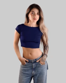 Cropped Top With Open Back, Fitted Short Blouse, Basic Minimalist Style, Casual Baby Tee. - Marine - View 2