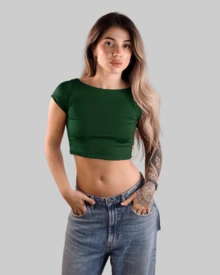 Cropped Top With Open Back, Short, Fitted Blouse, Basic Minimalist Style, Casual Baby Tee, Copa Brasil Aitona. - Army Green - View 2