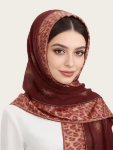 1pc Women's Chiffon Fashionable & Elegant Muslim Hijab Headscarf, Patchwork Printed Design With Rhinestone Craftsmanship, Middle Eastern Style Long Scarf - Leopard Print Patchwork Long Scarf In Multiple Colors - View 12