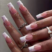 10片装手工假指甲，女士手绘美甲贴纸，全覆盖式白色法式美甲贴，3D手绘美甲，适合优雅女士和女孩，四季皆宜，节日及日常佩戴 - 彩色 - 查看 7