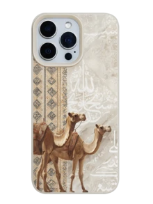 1PC Compatible With IPhone All Models, Middle Eastern Desert Camels, Milk Apricot Soft Frame, Phone Case, Ins Retro Exotic Style, Webbing Arabic Calligraphy Print, Full Protection & Precise Cutouts - White - View 1