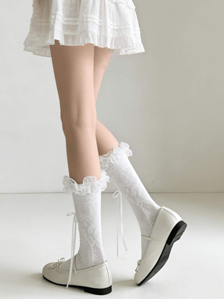 1/3 Pairs Cute Versatile Hollow Lace Ruffle Bow Mid-Calf Socks - Multicolor - View 1