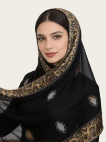 1pc Women's Chiffon Fashionable & Elegant Muslim Hijab Headscarf, Patchwork Printed Design With Rhinestone Craftsmanship, Middle Eastern Style Long Scarf - Leopard Print Patchwork Long Scarf In Multiple Colors - View 5
